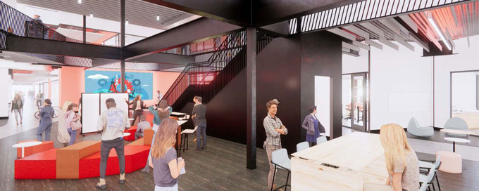 An artist rendering of the first floor lobby and atrium. Students are interacting with campus preesentatives at a table.